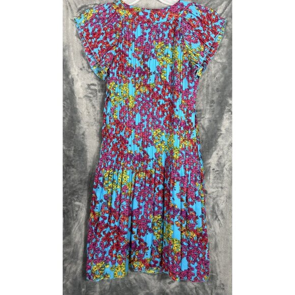 New Directions Dress Womens A Line Turquoise Blue Floral Pleated Short Sleeve - Picture 12 of 14